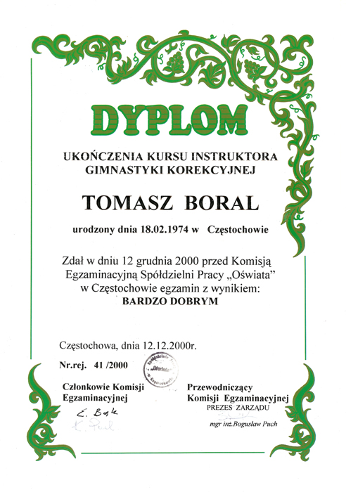 Dyplom instruktora gimnastyki korekcyjnej Tomasza Borala