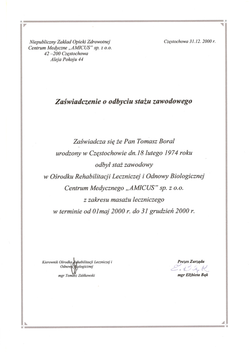 Zaświadczenie o stażu zawodowym Tomasza Borala