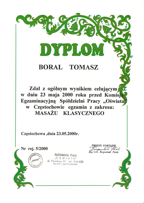 Dyplom masażu klasycznego Tomasza Borala