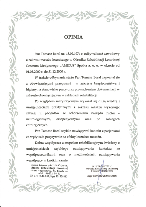 Opinia zawodowa o Tomaszu Boralu